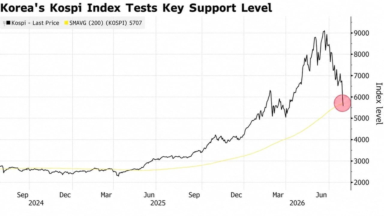 Kospi sjunker under 5 600 i en rekordartad situation med två automatiska handelsavbrott i rad, samtidigt som Bitcoin stiger över 64 000 dollar