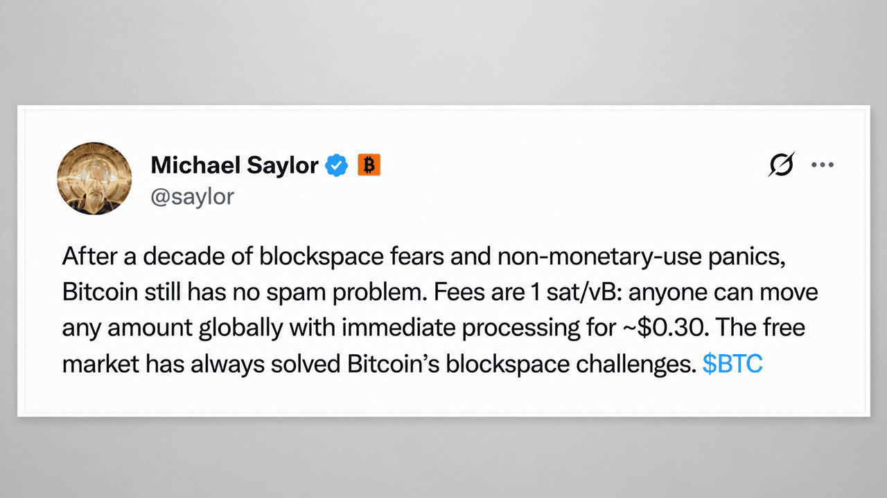 Michael Saylor afferma che il Bitcoin non ha “alcun problema di spam” mentre si infiamma il dibattito sul BIP-110