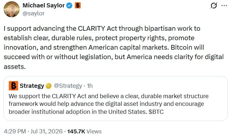 Saylor และ Strategy สนับสนุน CLARITY Act อย่างเป็นทางการสำหรับคริปโตของสหรัฐฯ