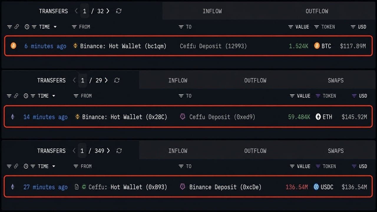 Ceffu wycofał z Binance 263 miliony dolarów w bitcoinach i ethereum w ciągu 30 minut