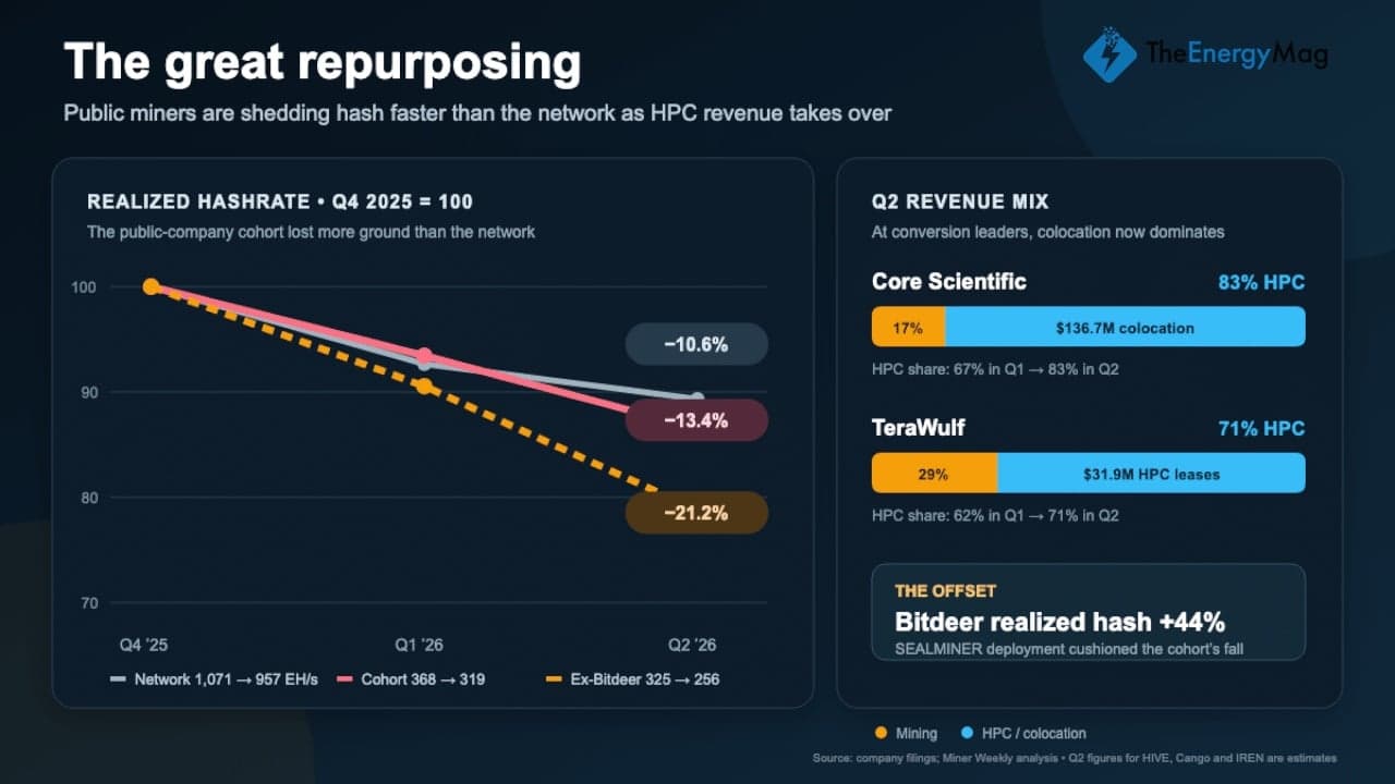 AI関連収益の伸びが加速する中、パブリックマイナーのビットコイン・ハッシュレートが21%減少しました。