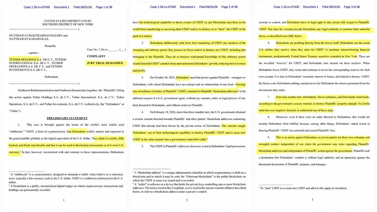 Investidores tailandeses processam a Tether por congelamento de US$ 42 milhões em USDT sem mandado judicial