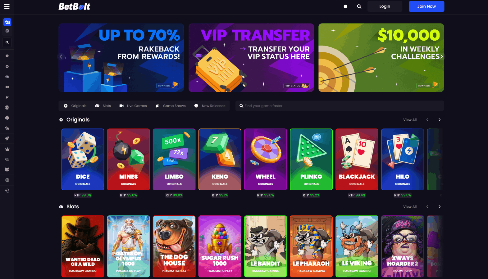 BetBolt Casino – Up to 70% Rakeback, VIP Transfers & $20k Slot Challenges