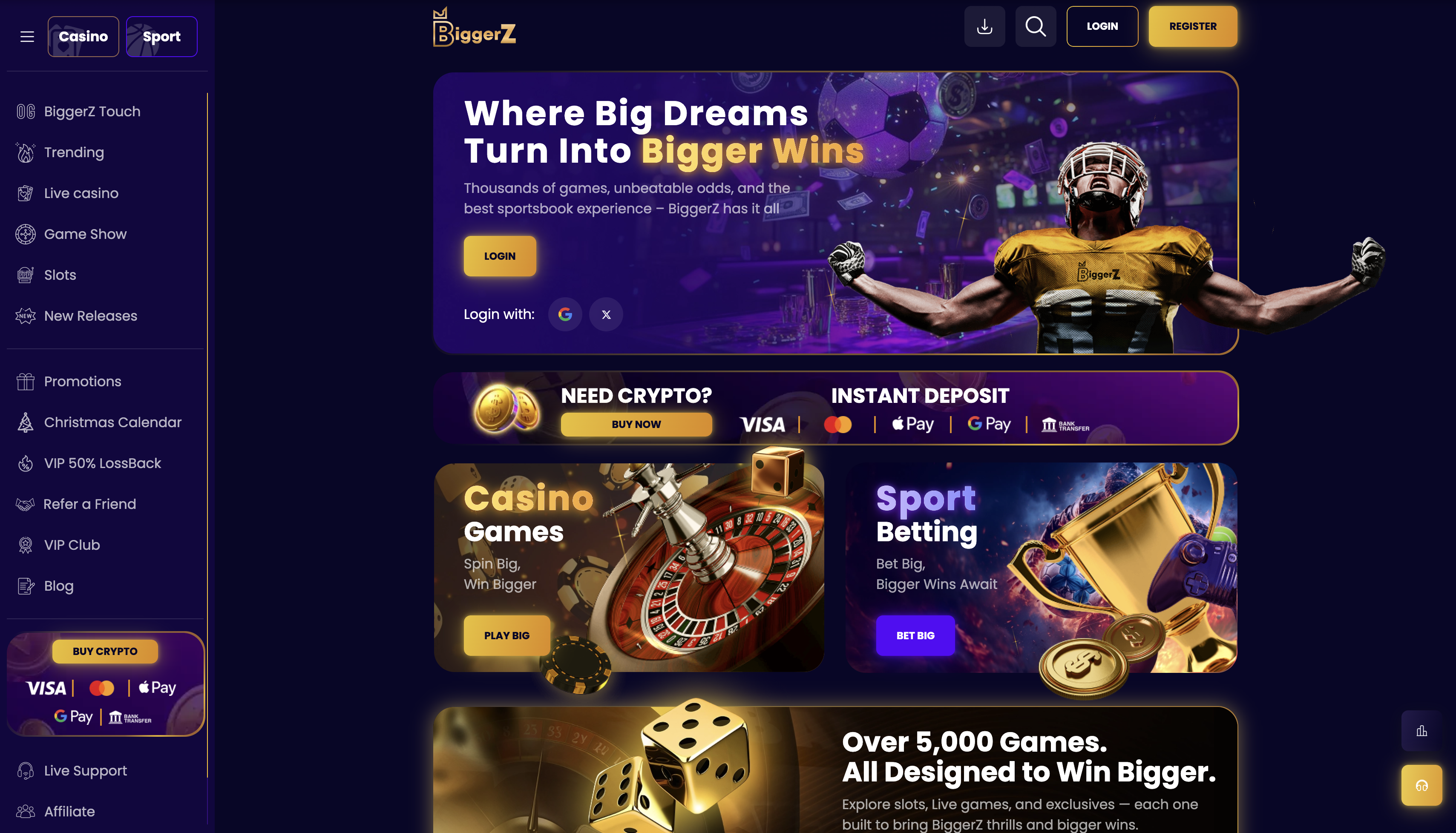 BiggerZ Casino – 150% Bonus up to 1,500 USDT + 5% Daily Rakeback & VIP 50%  Lossback