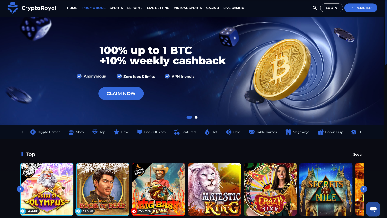 크립토로얄 카지노 – 프리미엄 암호화폐 카지노 및 스포츠북, 최대 1 BTC까지 100% 보너스 제공