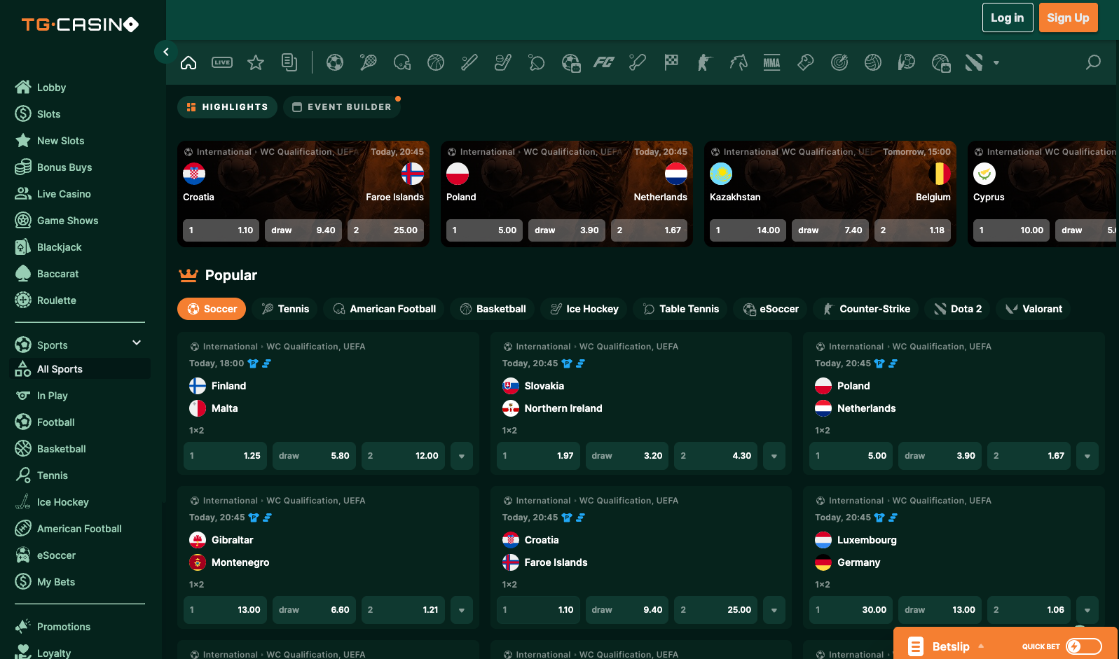 Tg Casino Sportsbook screenshot