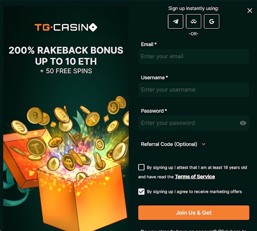 TG.Casino login screenshot