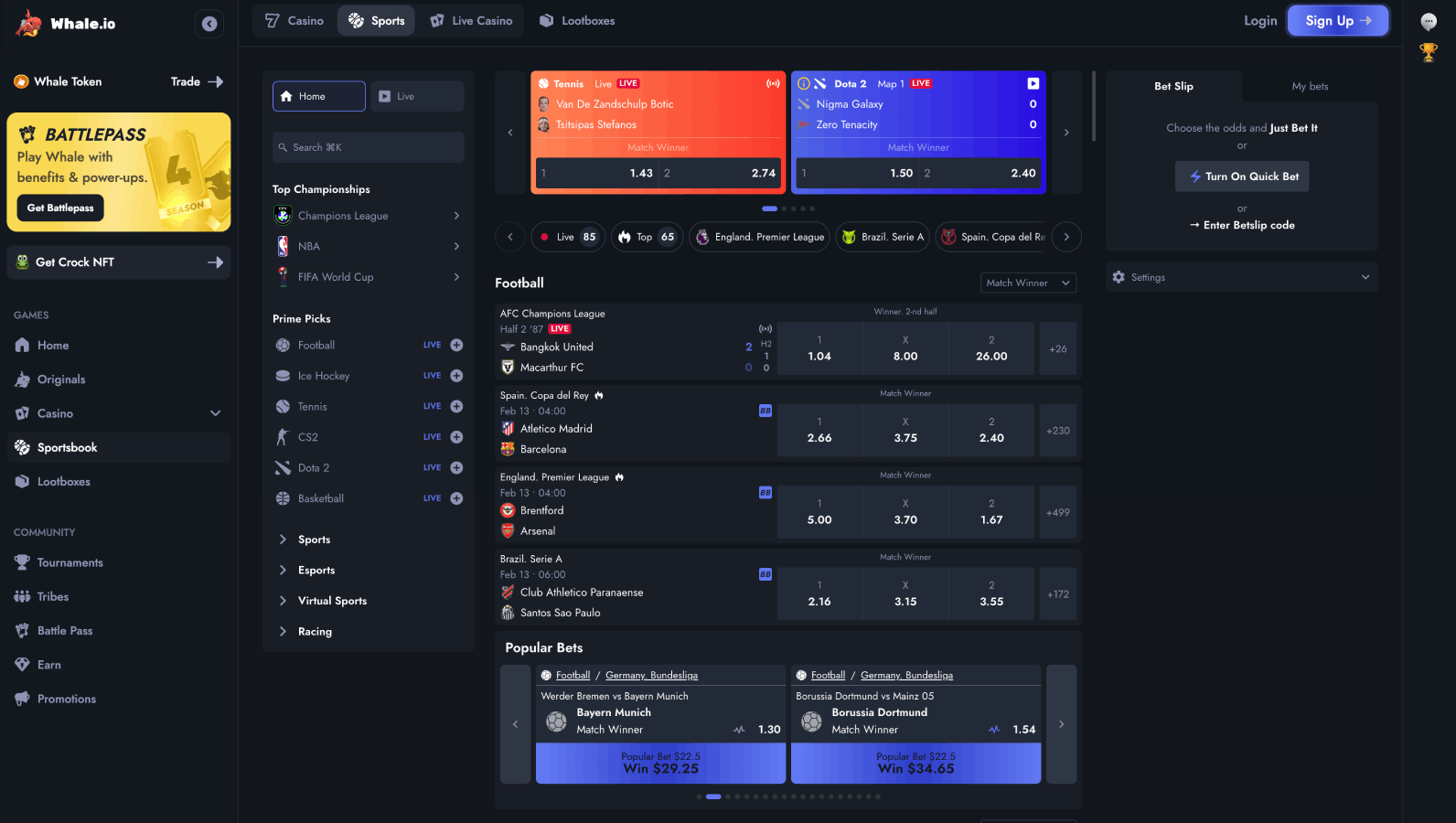 Whale sportsbook screenshot