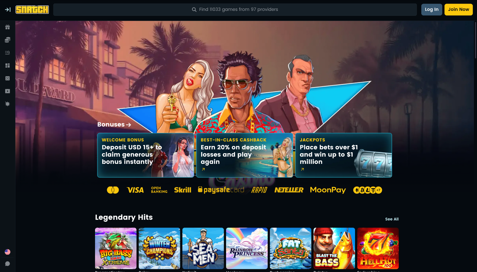 Zrzut ekranu interfejsu Snatch Casino z grami i bonusami