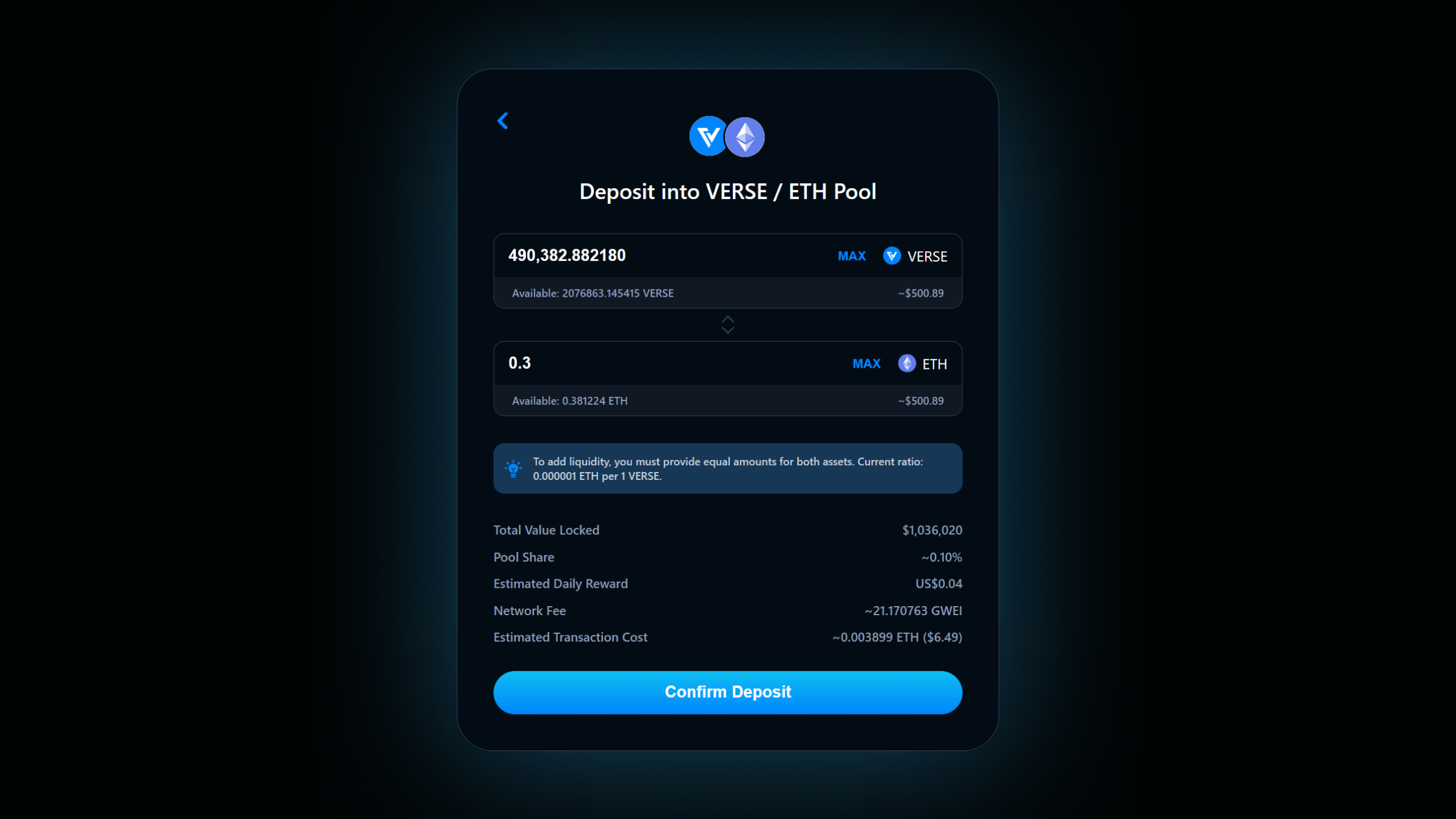 Verse DEX provide liquidity