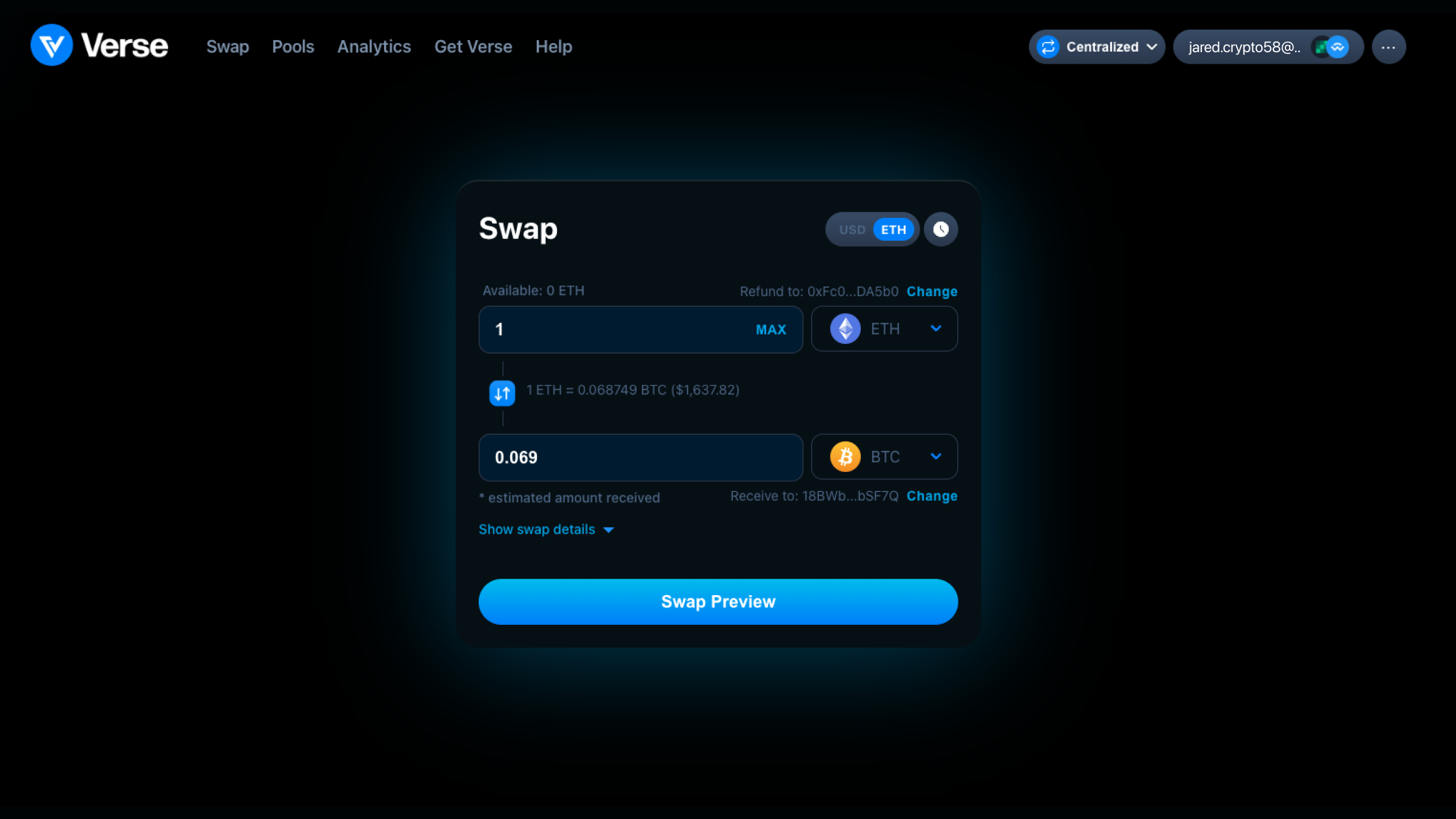 Verse DEX cross-chain swaps