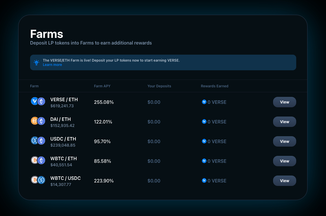 Bitcoin.com's Verse DEX Farms APY